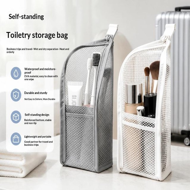 New#Breathable Mesh Travel Toiletry Cosmetic Bag With Stand Up Design Storage Pockets Organizer For Vacation Business Trip