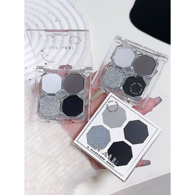DIKALU 4-Color Punk Smokey Matte Glitter Eyeshadow Palette Shimmer Eye Shadow Makeup Palette Cool Toned Gray Black Eye Palette