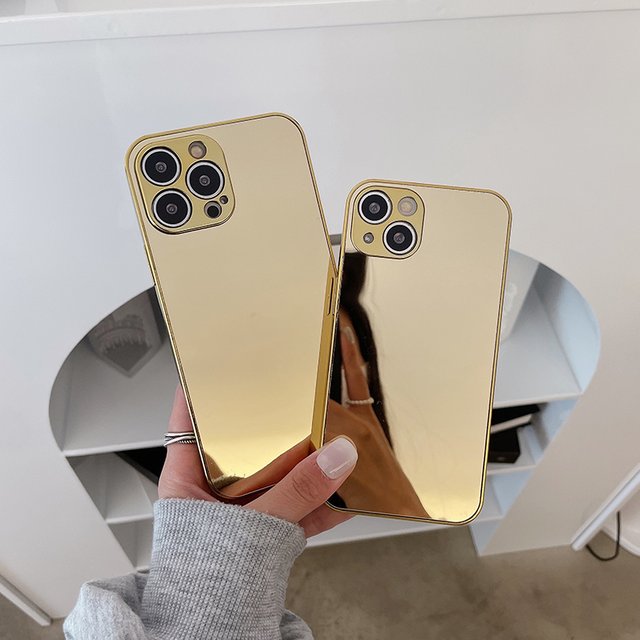 Luxury Solid Color Plating Mirror Shockproof Phone Case For IPhone 15 Pro Max 13 12 11 14 Pro Max Plus Makeup Mirror Back Cover