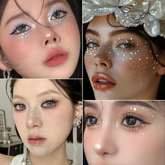 1Sheet 3D Clear Round Gems Face Tattoo Sticker Mixed 3-6mm Diamonds Self-Adhesive Sticker for Party/Makeup Body Decor Tattoos *&