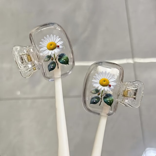 2pcs Travel Toothbrush Case Set, Portable & Dust-Proof, Daisy Design, Plastic with Cover, for Business Trips, Compact, Must-Have