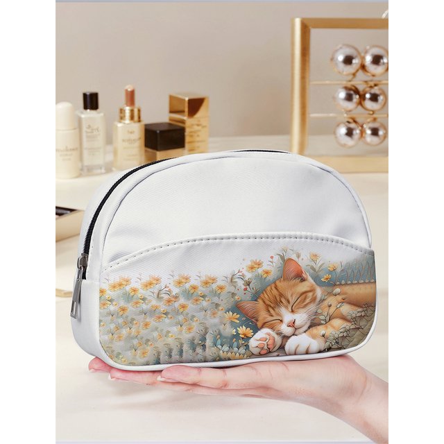 Cute cat pattern printed makeup bag, multi pocket design, portable toiletry bag, lightweight, suitable for travel and outings