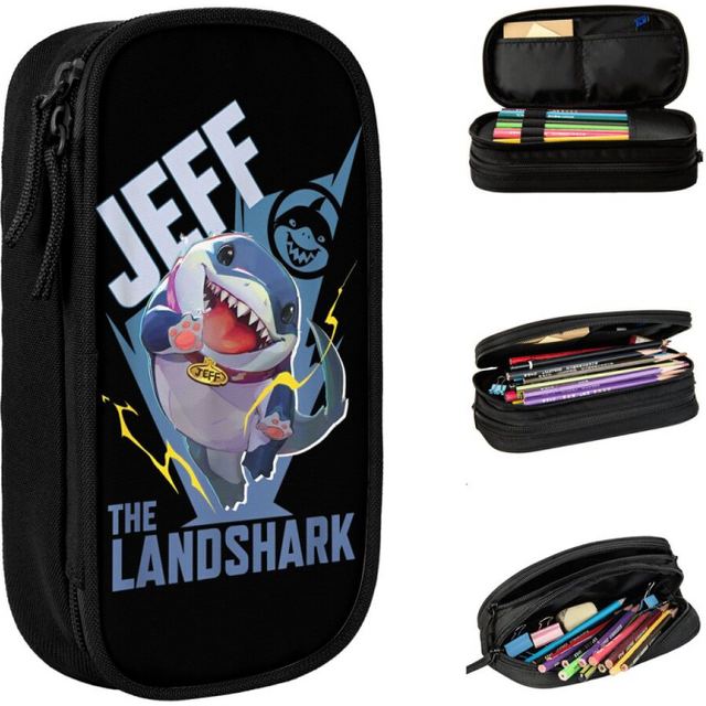 Marvel-Rivals PVP Jeff The Land Shark Pencil Pouch Accessory for Kids Girls Boys Double Layer Pencil Case Stationery Makeup Bag
