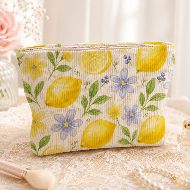 Women’s Lemon Floral Corduroy Makeup Bag Large Capacity Zipper Cosmetic Pouch Travel Toiletry Organizer