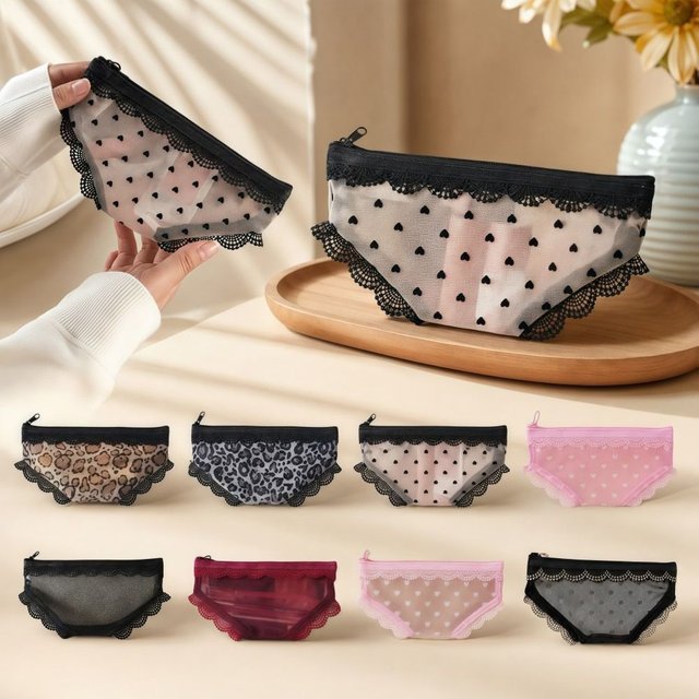 Unique Briefs Shape Cosmetic Bag Lace Heart Mesh Makeup Storage Pouch Y2K Transparent Toiletry Bag Storage for Travel