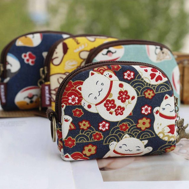 Cartoon Prints Canvas Coin Purse Women's Lipstick Card Organizer Multifunctional Key Pouch Sanitary Napkin Storage Bag