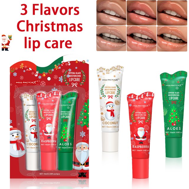 3-piece Christmas card lipstick set -3 flavors (coconut, raspberry, aloe) lasting moisturizing and luster, portable belt