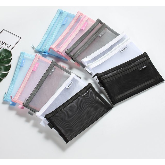 Transparent Nylon Mesh Pencil Bag Large Pencil Case Double-layer Stationery Bag Minimalist Student Exam Storage Bag Makeup Pouch