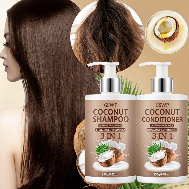 GSWP Coconut Shampoo & Conditioner Set, Gently cleanses, Moisturizes and nourishes Reduces frizz, split ends.250g+250g