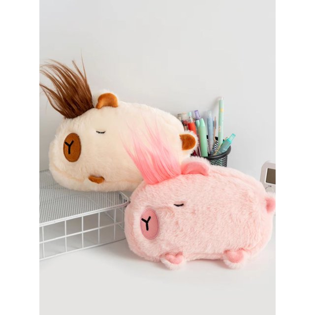 Cute Capybara Plush Pencil Case Large Capacity Spiky Hair Zipper Pen Pouch For Teens Students School Travel Makeup Storage Bag