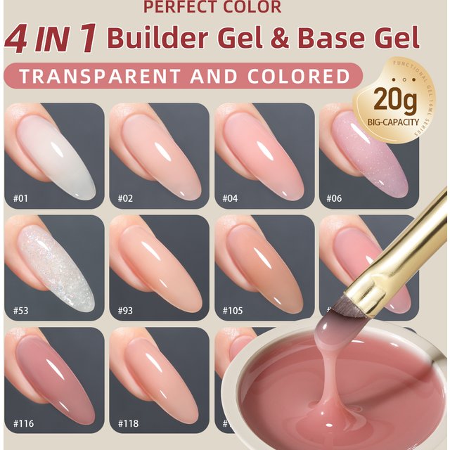 PERFECT COLOR 20g 4-in-1 Builder Nail Gel Jelly Nude Pink Gel Nail Polish Set 12 Color Extension for DIY Salon Girls Home UV Gel