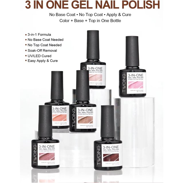 TWOING 8ml 3-in-1 Nude Gel Nail Polish, Nude Pink, Brown, Dusty Rose & Burgundy Neutral Shades, No Base or Top Coat Needed,