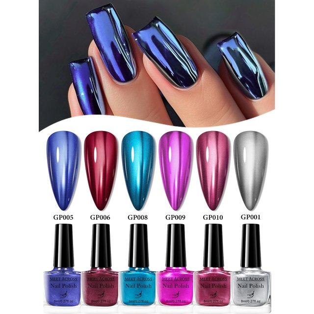 6pcs Mirror Metallic Nail Polish Set Mirror Effect Quick Dry Long Lasting No Need Lamp Cure Nail Supplies Varnish Manicure Nails