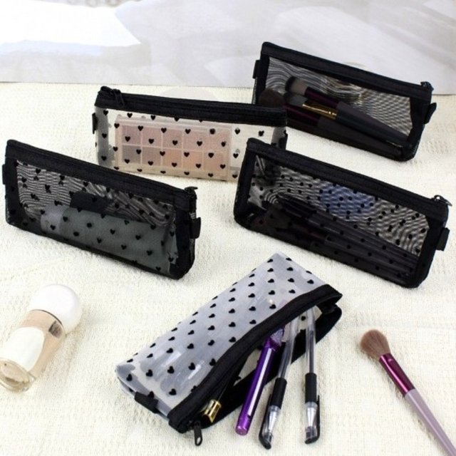 Clear Mesh Cosmetic Makeup Bags Case Makeup Brush Holder Cute Transparent Zipper Black Heart Printed Pencil Pen Case Pouch