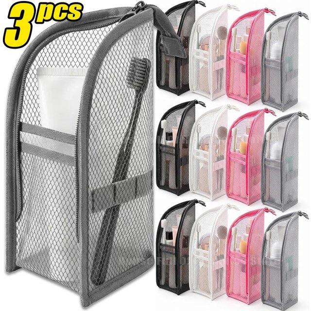 Travel Foldable Toothbrush Cosmetic Organizer Standing Mesh Toiletry Bag Portable EVA Waterproof Women Bathroom Storage Pouch