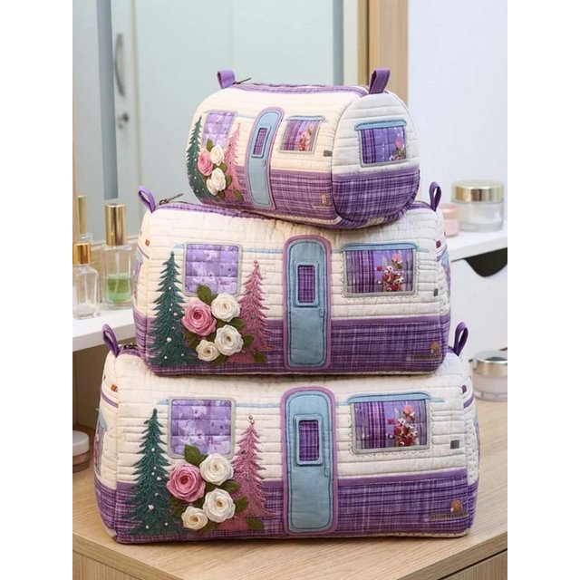 3-Size Quilted Cosmetic Bag 3D Printed Cute Animal Floral Printed Patchwork Makeup Toiletry Pouch Travel Organizer Storage Box