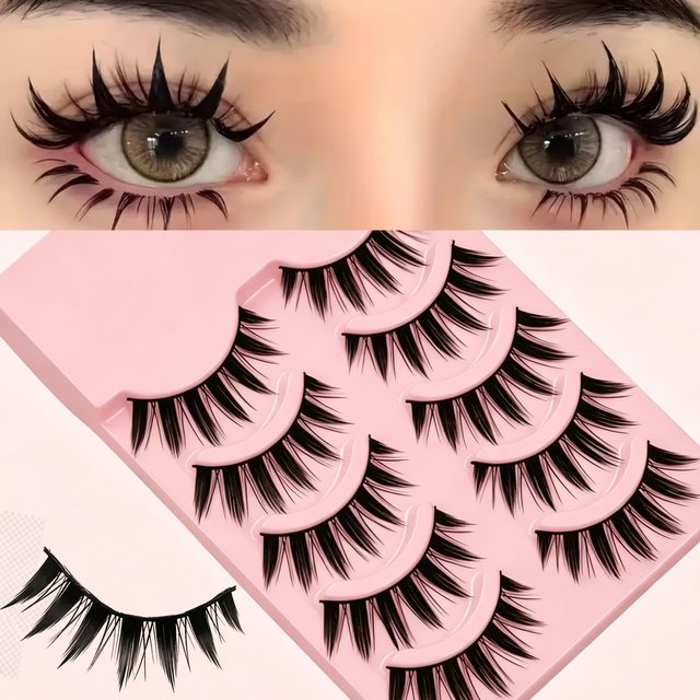 5Pairs Manga Spiky Fairy False Eyelashes Anime Cat Eye Style Wispy Fake Lashes with Soft Band Reusable Eye Makeup Tool for women