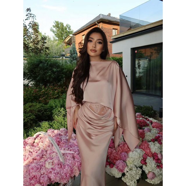 Blush Pink Women's Formal Evening Gowns, Boat Neck Cape Sleeve Satin Mermaid Prom Dresses With Lace Waist Cutout Wedding Dre