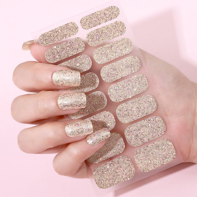 16Tips Full Cover Nail Stickers Glitter Champagne Nail Polish Stickers Long-Lasting Self Adhesive DIY Manicure Decoration