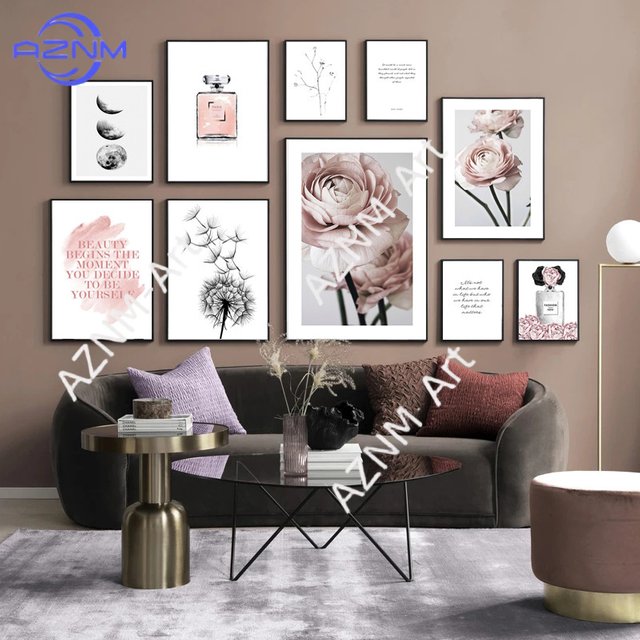1PC ,Nordic pink flower fashion perfume bottle sofa bedroom bedside background wall living room canvas decoration