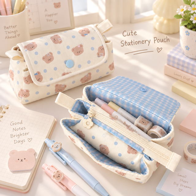 Milk Blue Bear Polka Dot 3-Layer Pencil Case Large Capacity Student Stationery Box Cute Cosmetic Storage Bag