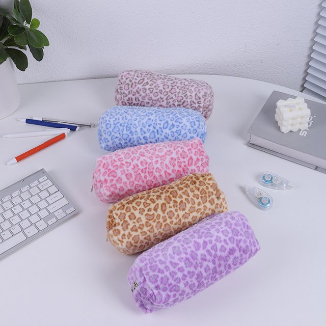 Soft Leopard Print Plush Pencil Case Portable Zipper Stationery Bag Lightweight Cosmetic Pouch For Travel School Daily Storage