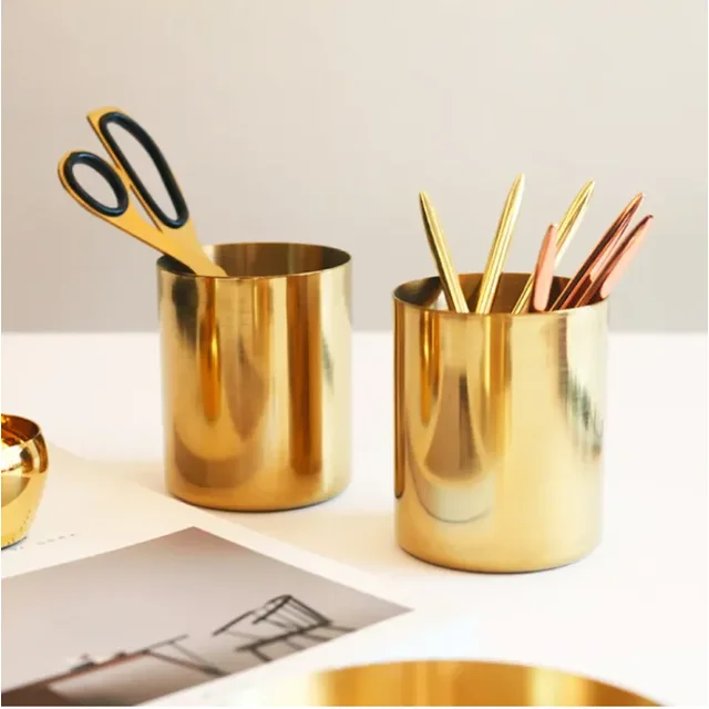 Circular Pen Holder Stainless Steel Metal Desktop Ornament Nordic Stationery Pen Insert Golden Vase Makeup Brush Storage Box