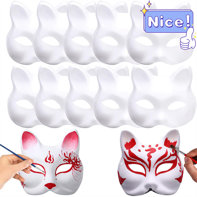 Masques Therian avec sangles, 10 à 50 pièces, masques de chat blanc, masque d'halloween vierge, demi-masques d'animaux, mascarade, fête Cosplay
