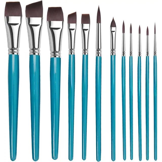 12Pcs Professional Nylon Paint Brush Set, Flat & Round Tip Art Brushes for Painting & Face Makeup