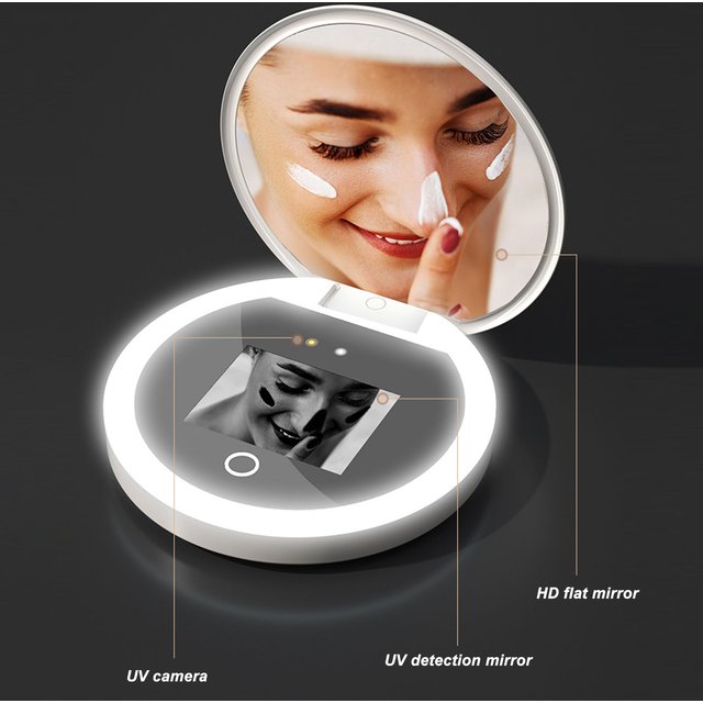 UV Mirror Sunscreen Testing Camera with Light 2X Magnification Travel Makeup 3.5in Pocket Size L