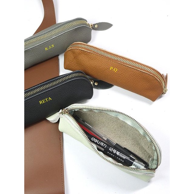 Engrave Initials Genuine Leather Pen Pouch Monogram Name Travel Zipper Mini Cosmetic Bag Luxury Business Pen Bag Storage Bags
