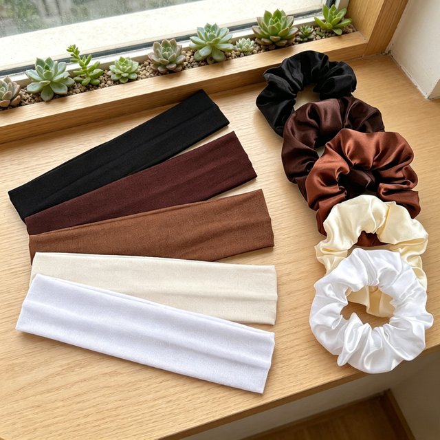 10pcs Women Hair Scrunchies & Headbands Set Solid Color Satin Elastic Hair Band for Daily Makeup Sport Hair Accessories