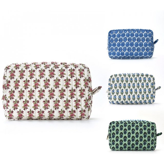 Vintage Floral Quilted Makeup Bag, Fabric Printed Storage Bag, Large Capacity Travel Toiletry Bag, Handheld Cosmetic Storage Pou
