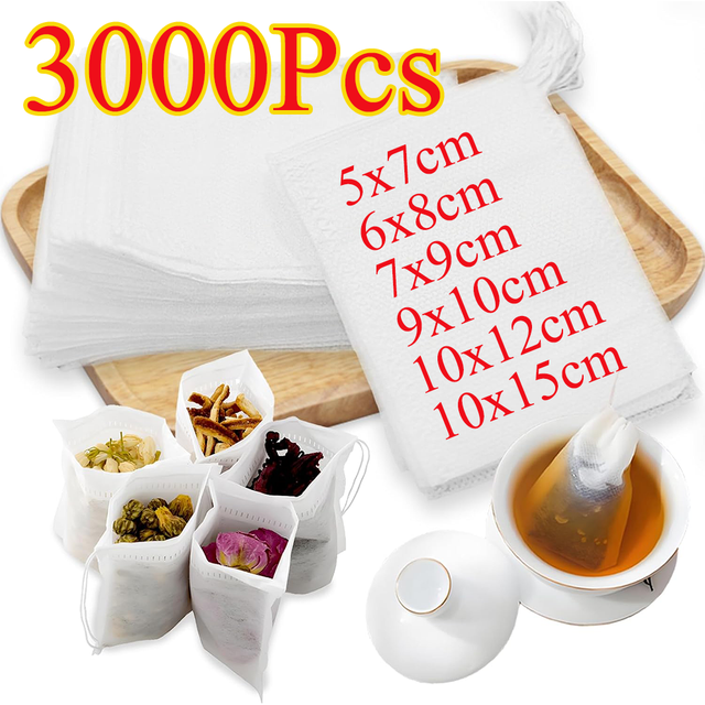 3000-100 pièces Sachets filtres à thé jetables avec cordon de serrage, sachets vides pour thé parfumé, sachets filtrants en maille pour café, herbes et thé en vrac