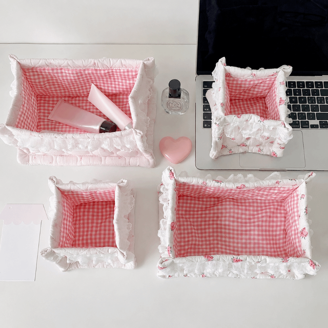 Soft Desktop Storage Basket Quilted Lace Flower Cosmetic Storage Pouch Large Capacity Snacks Sundries Sorting Bag