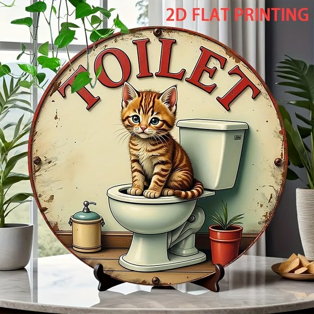 Décor de salle de bain Vintage plat 2D, 1 pièce, chaton maladroit Orange mignon assis sur le pannEau de toilette, lettrage rouge, métal en fer robuste Pl