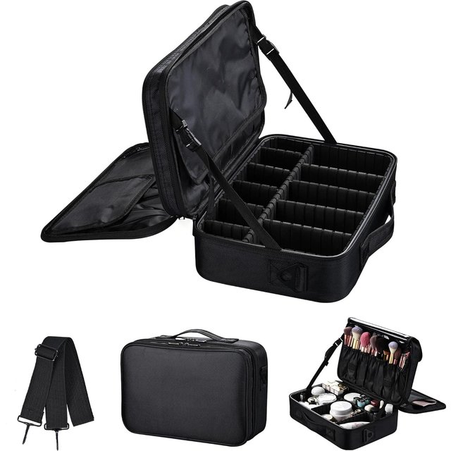 Large capacity travel makeup case, portable artist organizer with adjustable dividers and shoulder strap for toiletries jewelry
