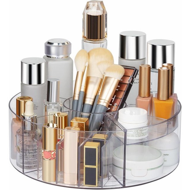 360° Rotating Makeup Organizer 10in Clear Turntable Lazy Susan Organizer Spinning Cosmetic Storage Holder with 6 Dividers JAF225