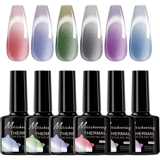 6pcs Thermal Glitter Cat eye Magnetic Gel Nail Polish Winter Temperature 2 Colors Changing Soak Off UV LED Manicure Nails Gel