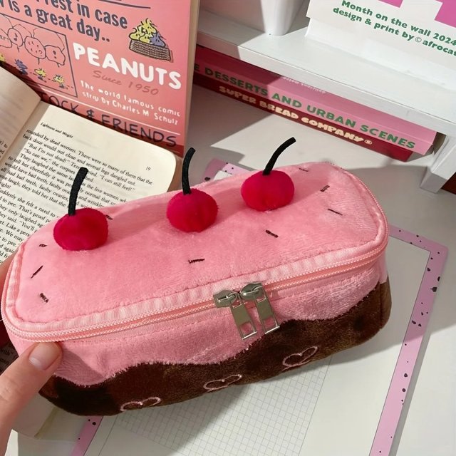 Cute Cherry Cake Plush Pencil Case Kawaii Dessert Makeup Pouch with Double Zipper Aesthetic Stationery Organizer Storage Bag
