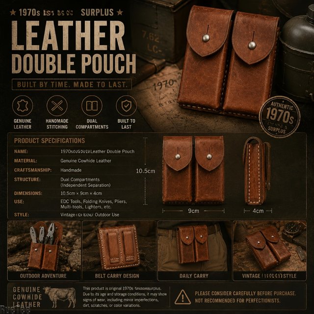 70er Vintage Doppelfach-Organizer-Tasche Handgefertigtes EDC-Werkzeug-Gürtelholster Doppelschichtige Messerscheide für Klappmesser