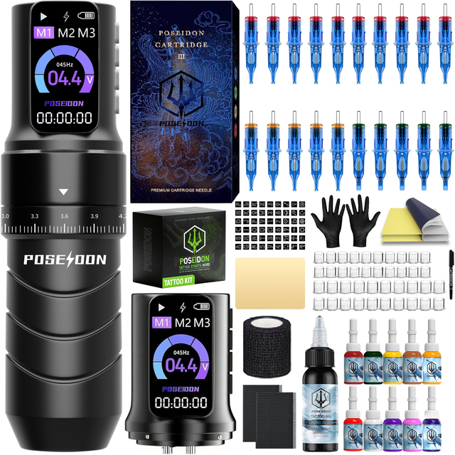 POSEIDON Tattoo Kit Or Tattoo Machnie Professional For Permanent Makeup Tattoo Machine Kit Dual Wireless Power Supply Gun Kit
