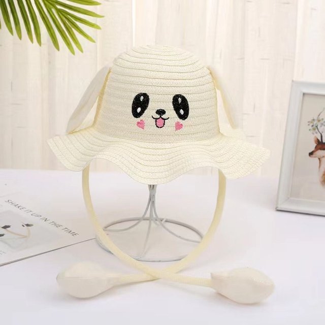 Sunscreen Rabbit Ear Sunshade Straw Hat UPF50+ Solid Color Bunny Sunshade Hat Ear Moving Bucket Hat Children Straw Hat Party