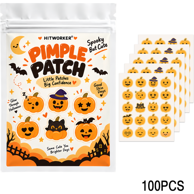 100PCS Halloween Pumpkin Pimple Patches Hydrocolloid Acne Spot Stickers Cute Black Cat Witch Hat Blemish Cover Skin Care