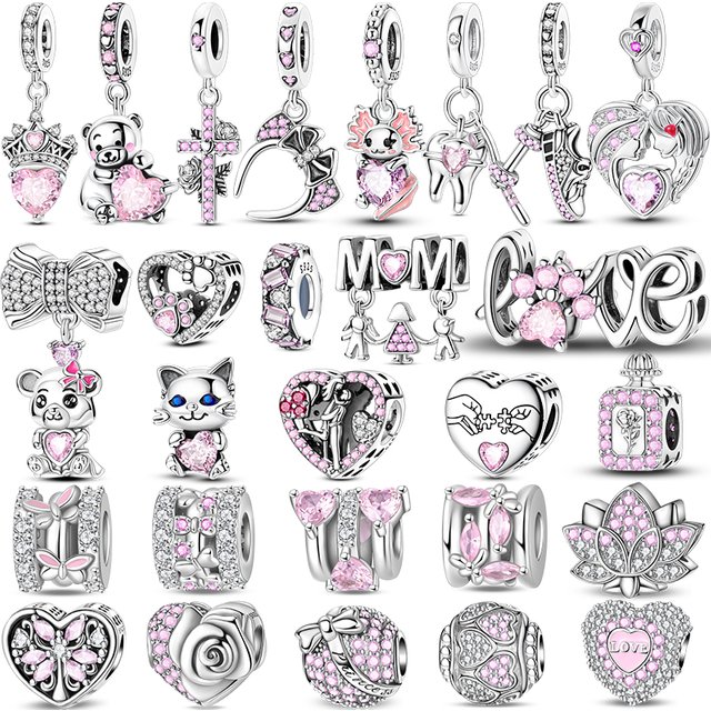 925 Sterling Silver Pink Charms Beads Butterfly Perfume Bottle Crown Heart Shaped Zircon Charms for women Fine DIY Jewelry Gifts
