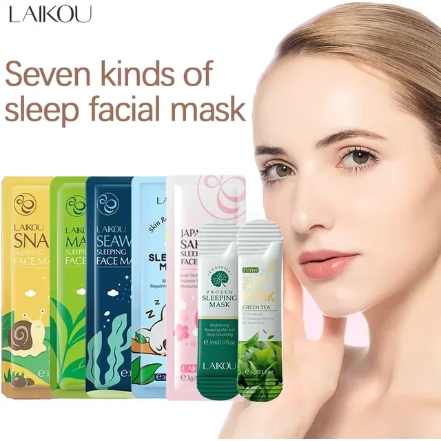 LAIKOU 7PCS Sleeping Face Mask Set Snail Matcha Seaweed Sakura Centella Green Tea Skin Care Moisturizing Repairing Night Mask