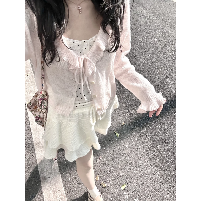 American Style Sweet And Spicy Lace Knitted Summer Outerwear Women's Loose Long Sleeve Short Coat Casual Fashion Sunscreen Ca...