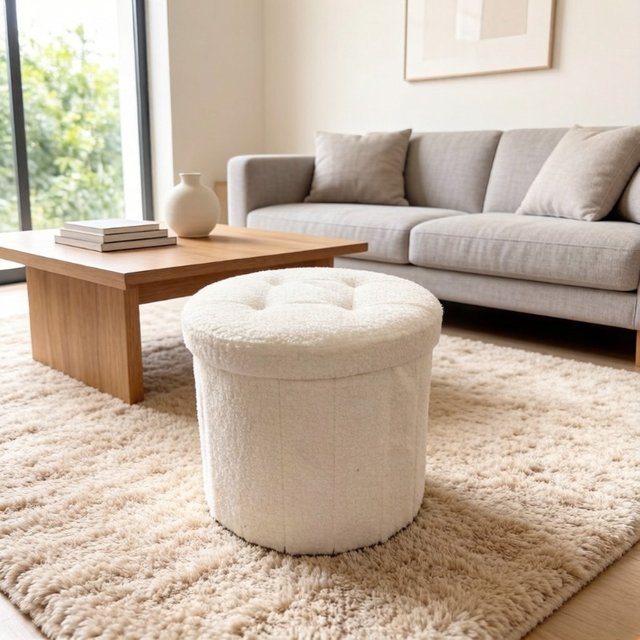 Folding Round Storage Stool, Upholstered Teddy Faux Fur Stool with Storage Box, Multi-Use Makeup Stool & Storage Footstool