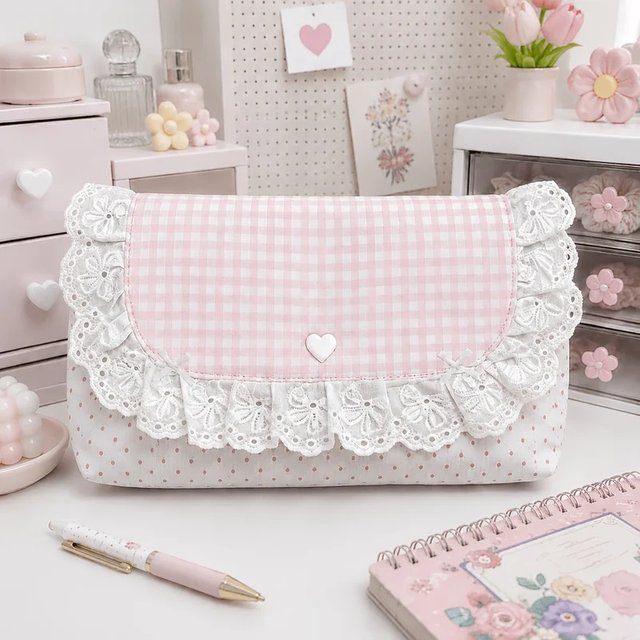1PC Pink Plaid Lace Storage Bag with Polka Dot Bow Cute and Stylish Flip-Top Makeup Bag for Students' Storage Bag Pencil Case