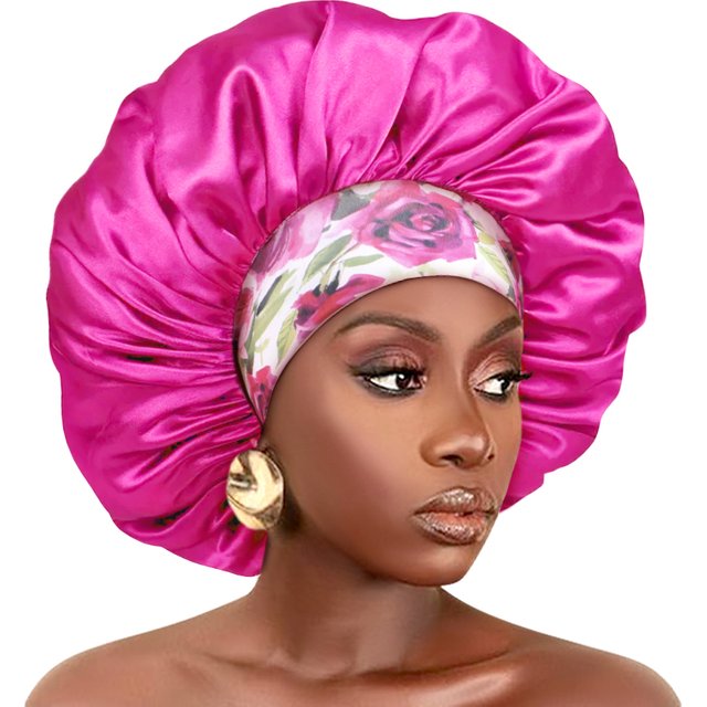 Large Women Satin Bonnet Night Hat Flower Print Elastic Wide Band Sleeping Cap Women Hair Care Shower Cap Hats Head Wrap